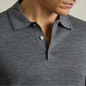 Reiss Trafford Merino Wool Mid Gray Long Sleeve Polo Shirt Size Small